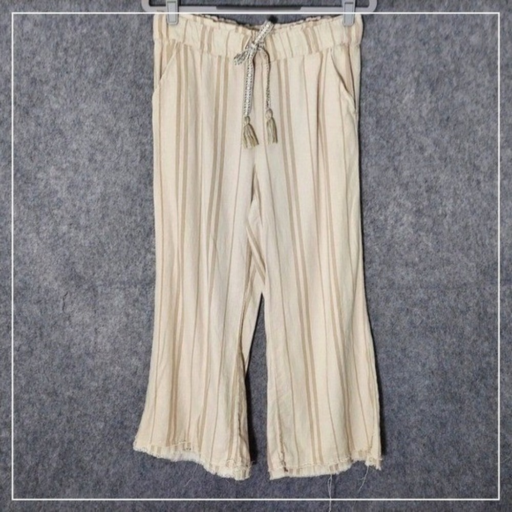 Beau Dawson Linen Pants Women S Beige Wide Leg Fringe Resort Beach Drawstring